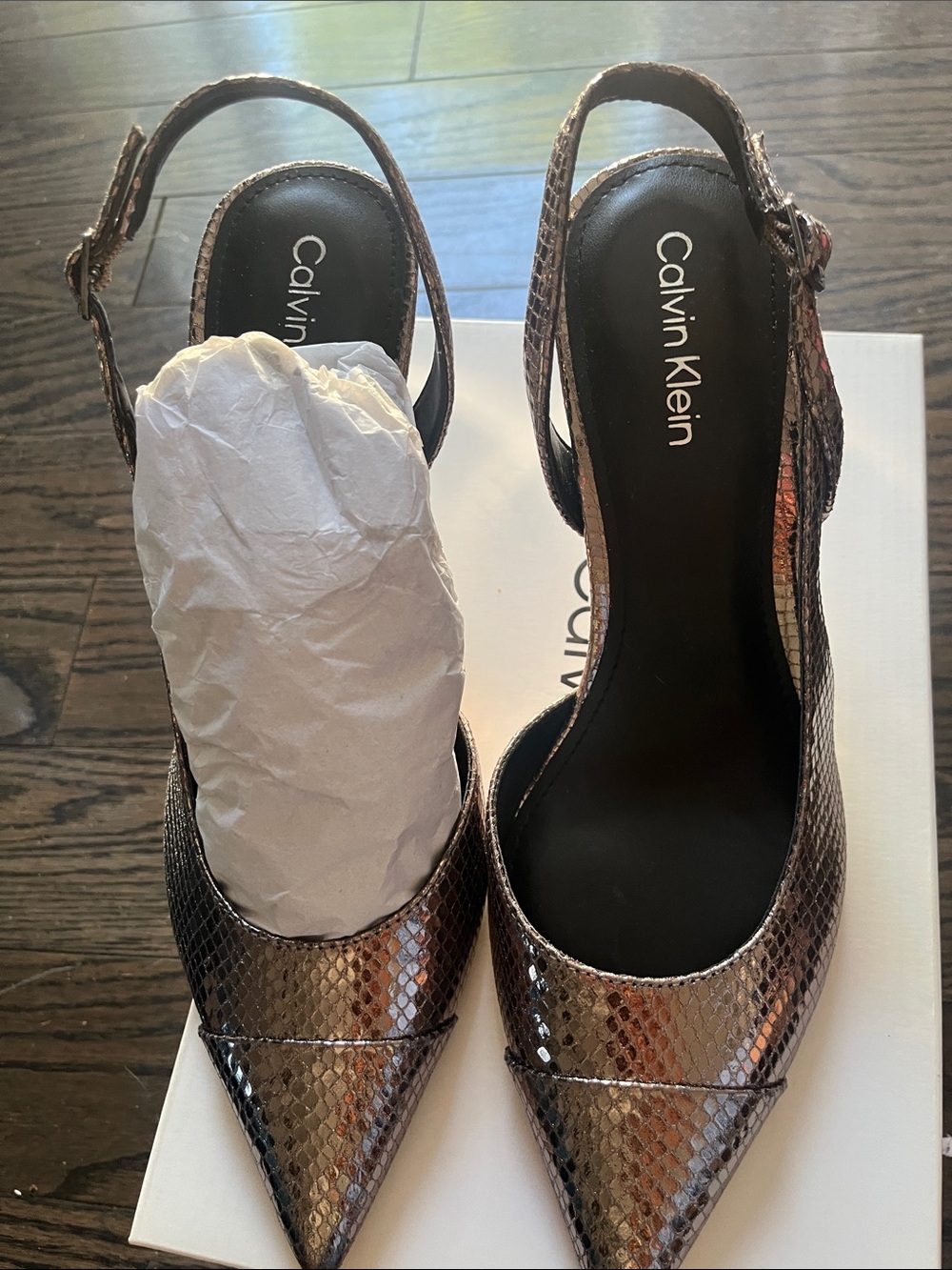 Calvin Klein Metallic Bronze Snake-Print Pointed Slingback Heels